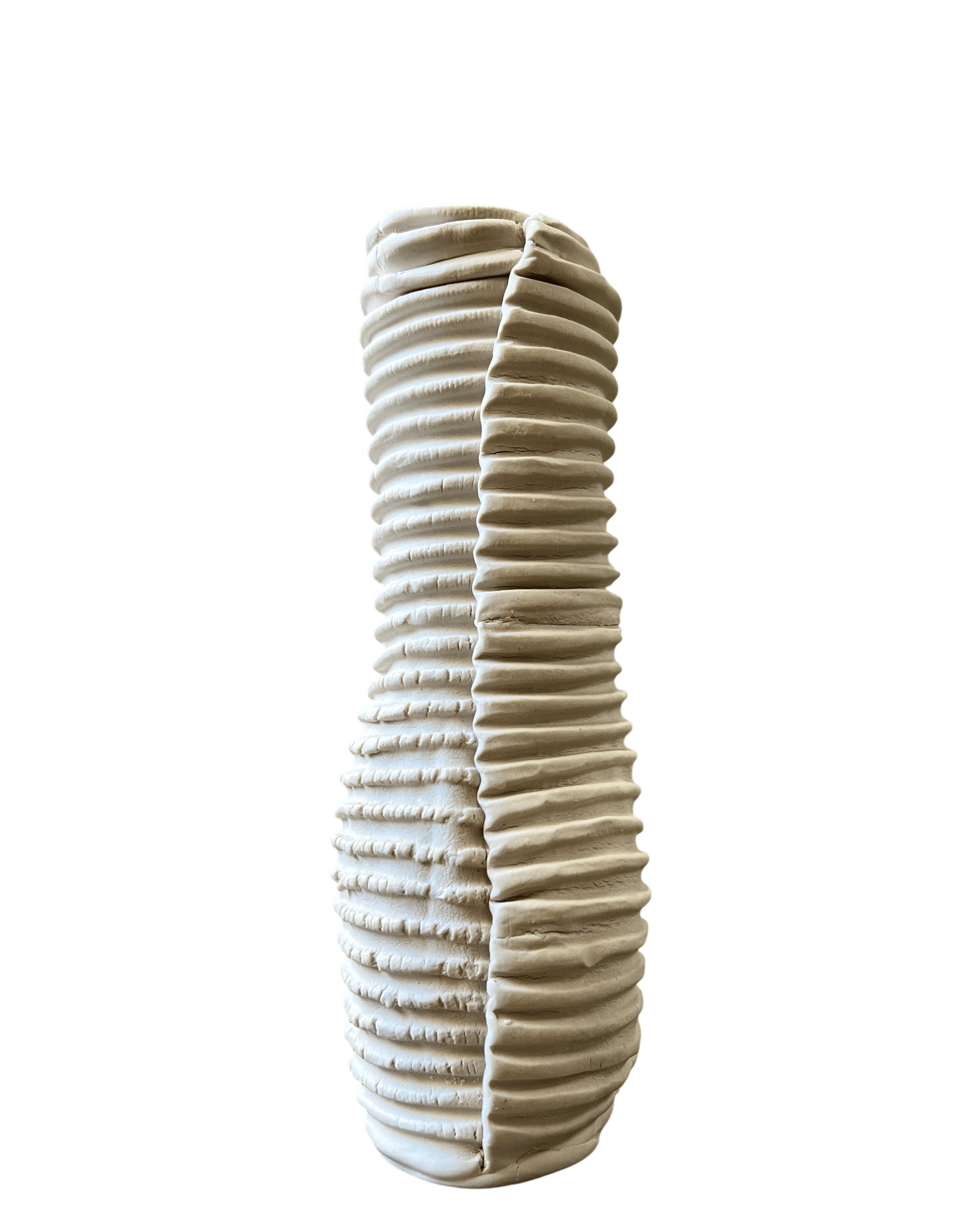 Textured ceramic vase on green background